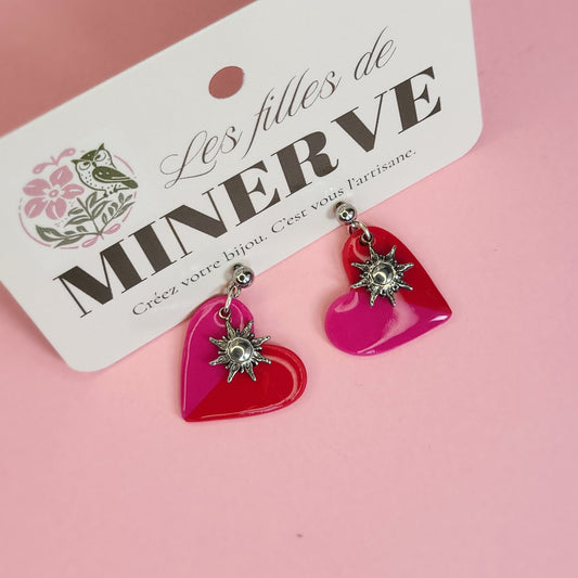 Iris - boucles d'oreilles cœur rose et rouge