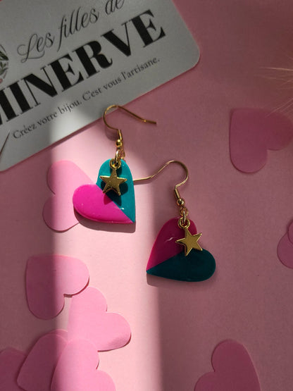 Maelys - boucles d'oreilles dorée cœur rose et vert