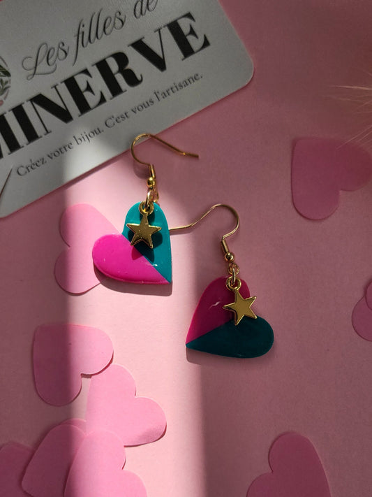 Maelys - boucles d'oreilles dorée cœur rose et vert