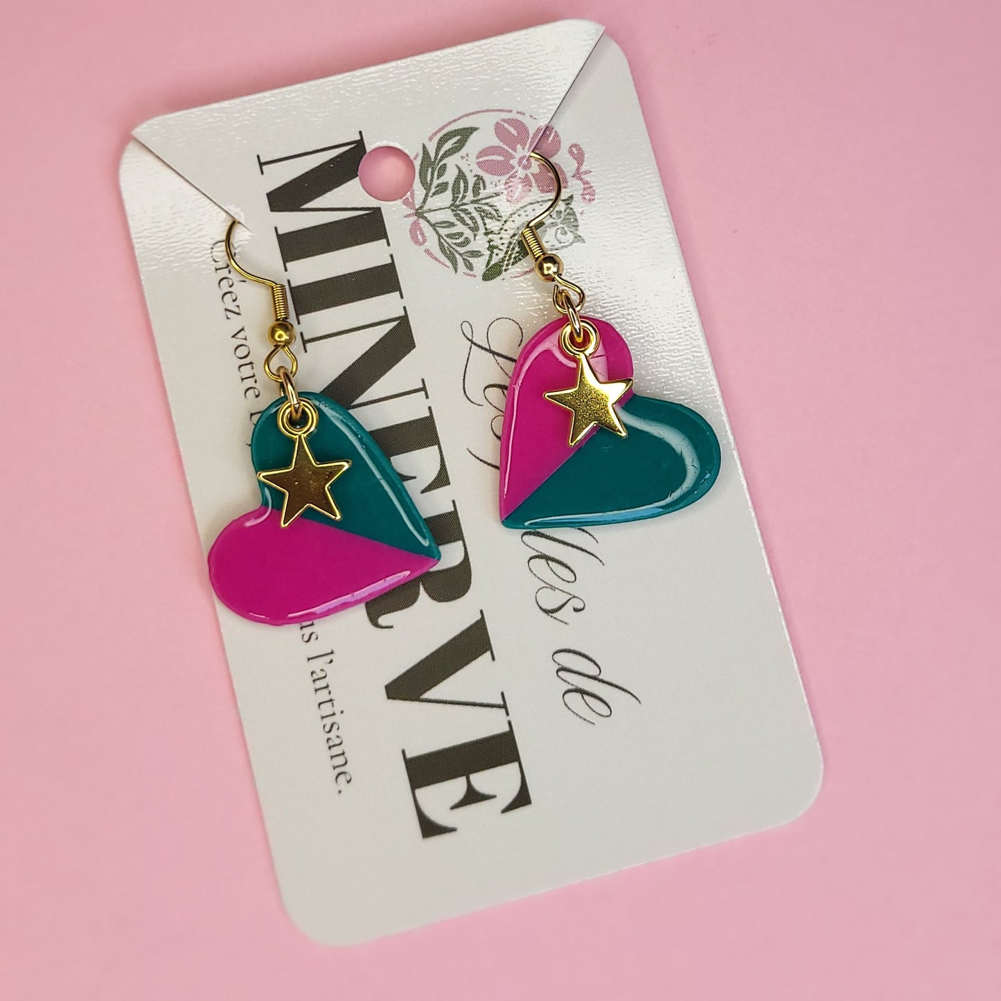 Maelys - boucles d'oreilles dorée cœur rose et vert