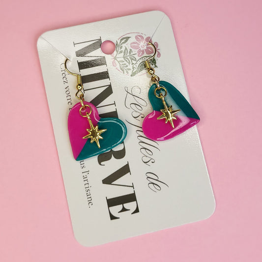 Romane - boucles d'oreilles dorée cœur rose et vert