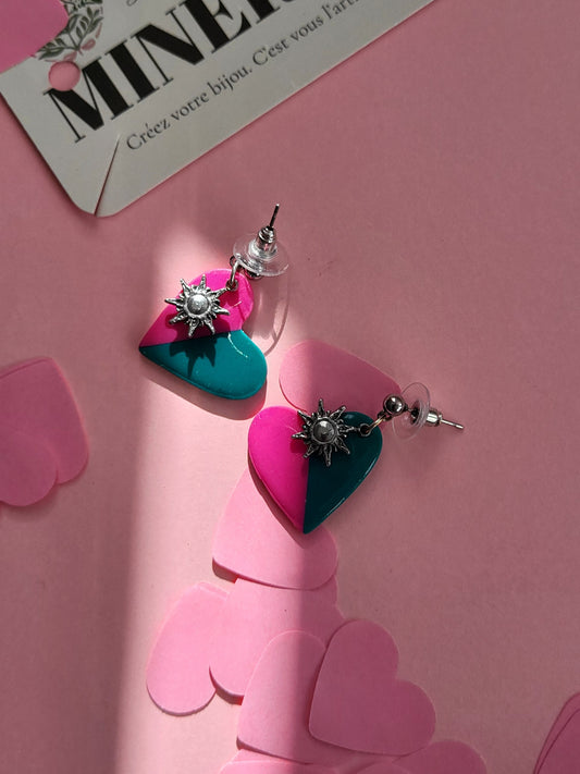 Léonie - boucles d'oreilles cœur vert et rose