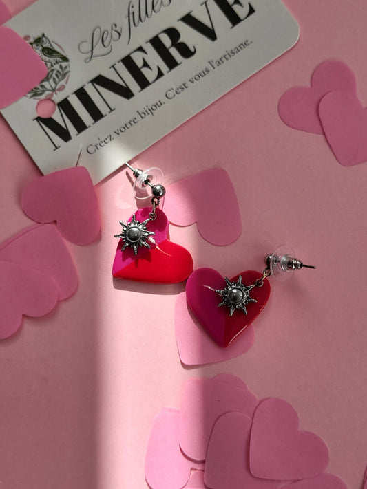 Iris - boucles d'oreilles cœur rose et rouge