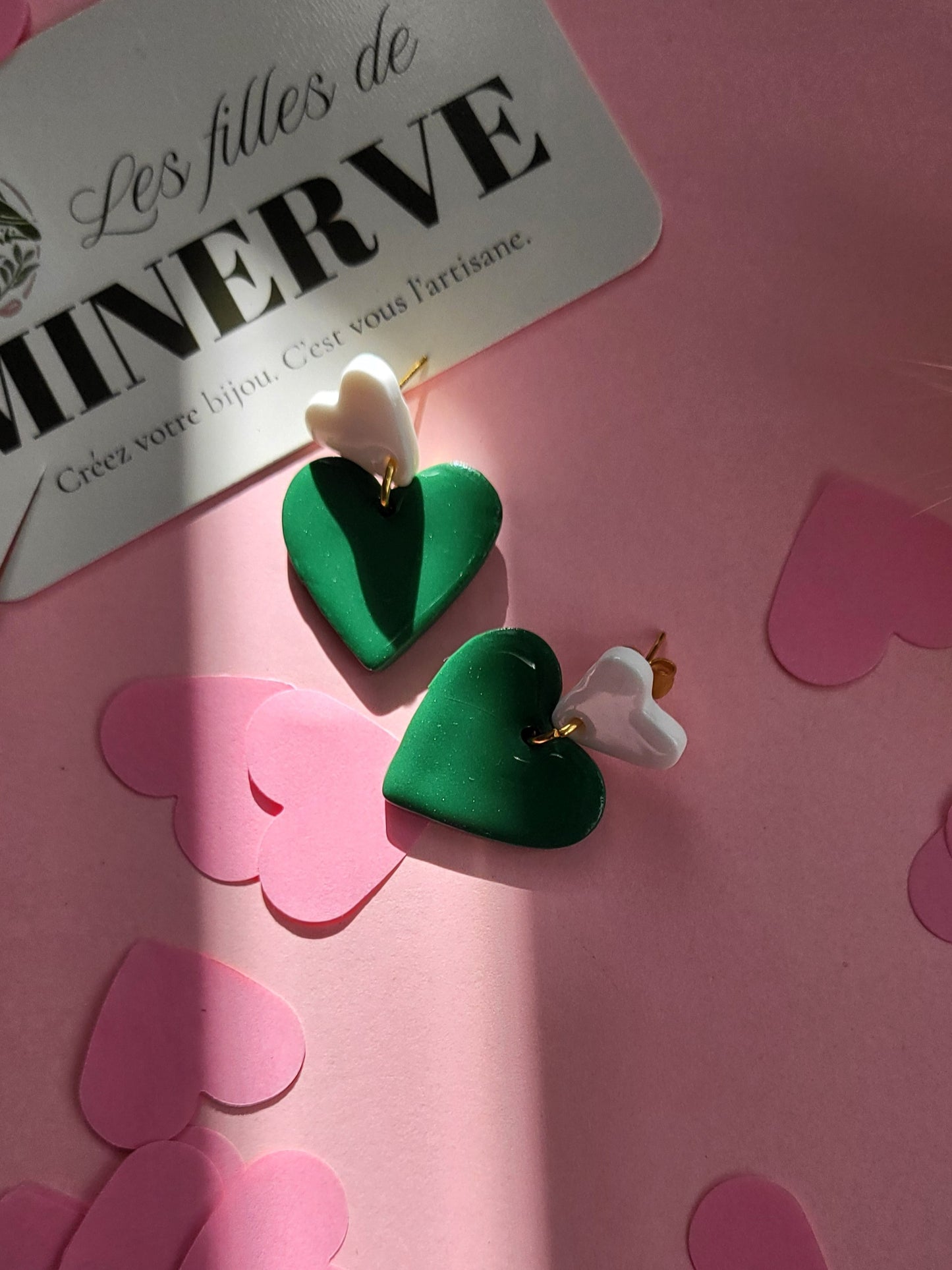 Boucles d'oreilles cœur blanc et vert