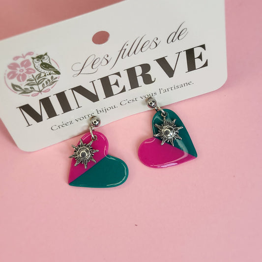 Léonie - boucles d'oreilles cœur vert et rose